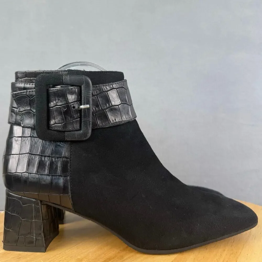 Ron White Linzi Onyx Ankle Boot Cashmere Suede Croc Embossed Size 37.5 EU / 7 US
